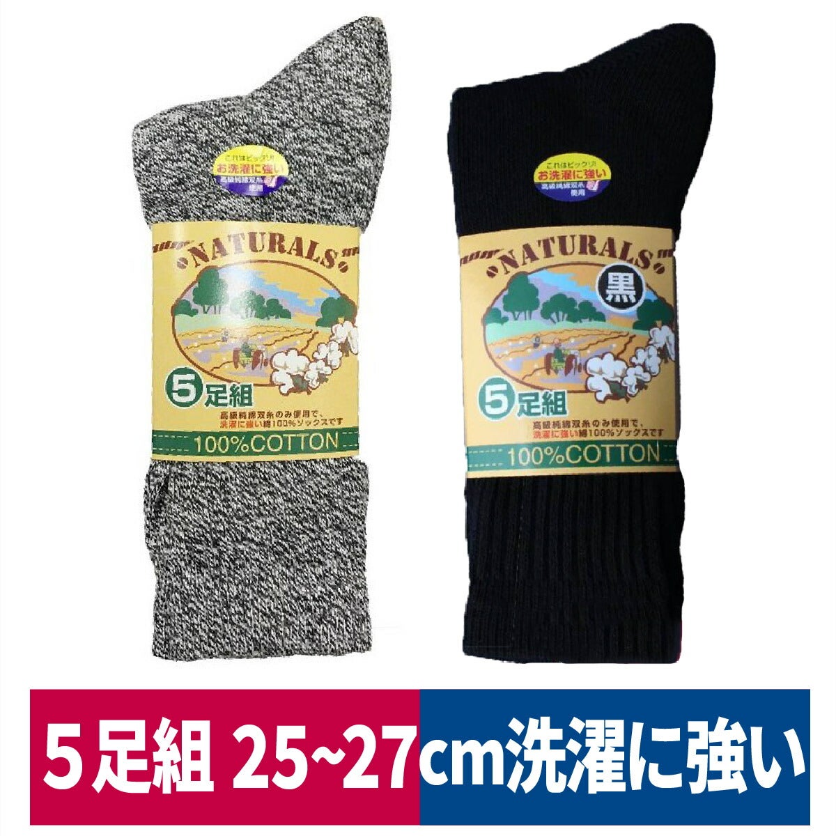 靴下先丸純綿5足組Wカフス黒杢ハヤシC870C873