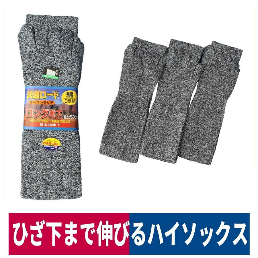 靴下5本指快適ロ－ド印ロングサポーター付紺杢3足組ハヤシC956
