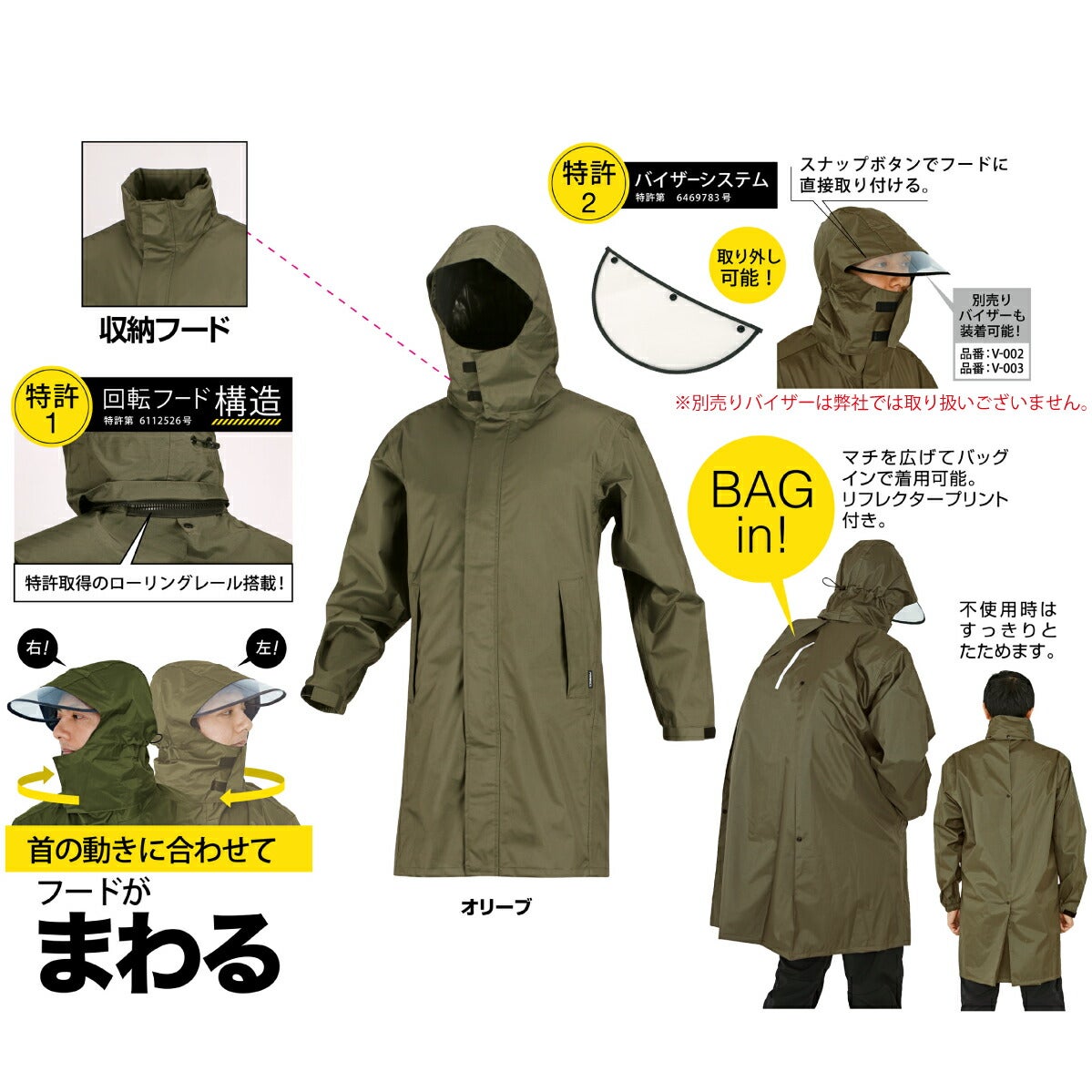 合羽レインコート回転フードバッグインバイザー付カジメイク7590