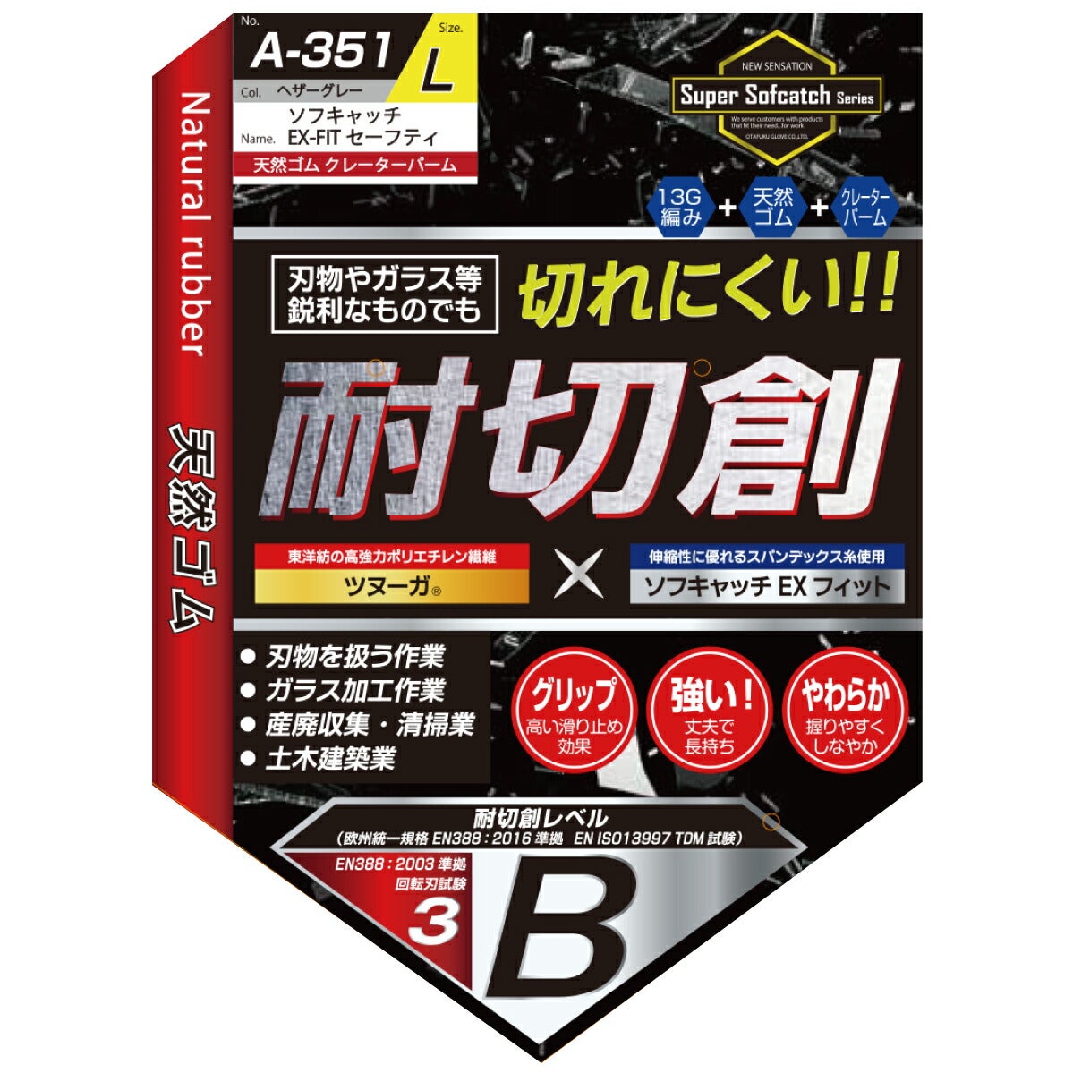 作業用手袋ソフキャッチEX-FITセーフティー天然ゴム耐切創ガラスおたふく手袋A-351