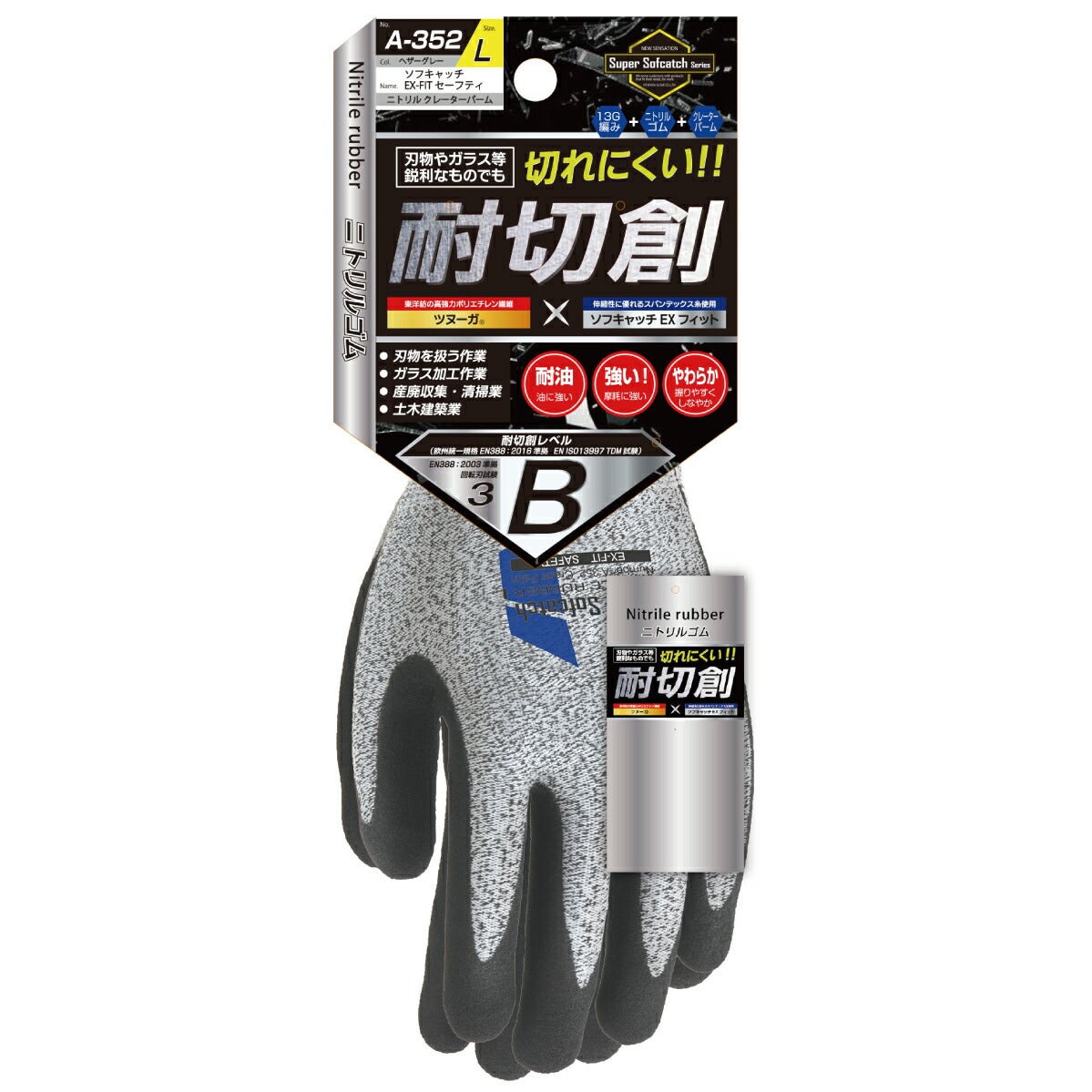 作業用手袋ソフキャッチEX-FITセーフティーニトリル耐切創ガラスおたふく手袋A-352