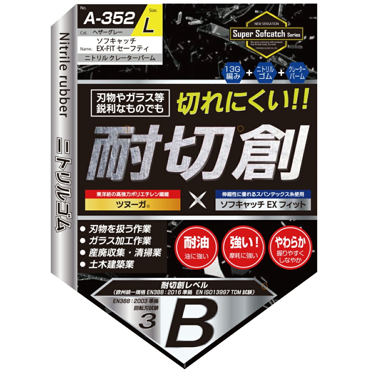 作業用手袋ソフキャッチEX-FITセーフティーニトリル耐切創ガラスおたふく手袋A-352