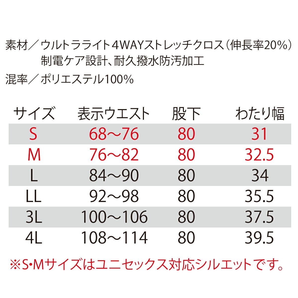 作業着パンツストレッチ撥水保温制電軽量スリムユニセックスバートル9503
