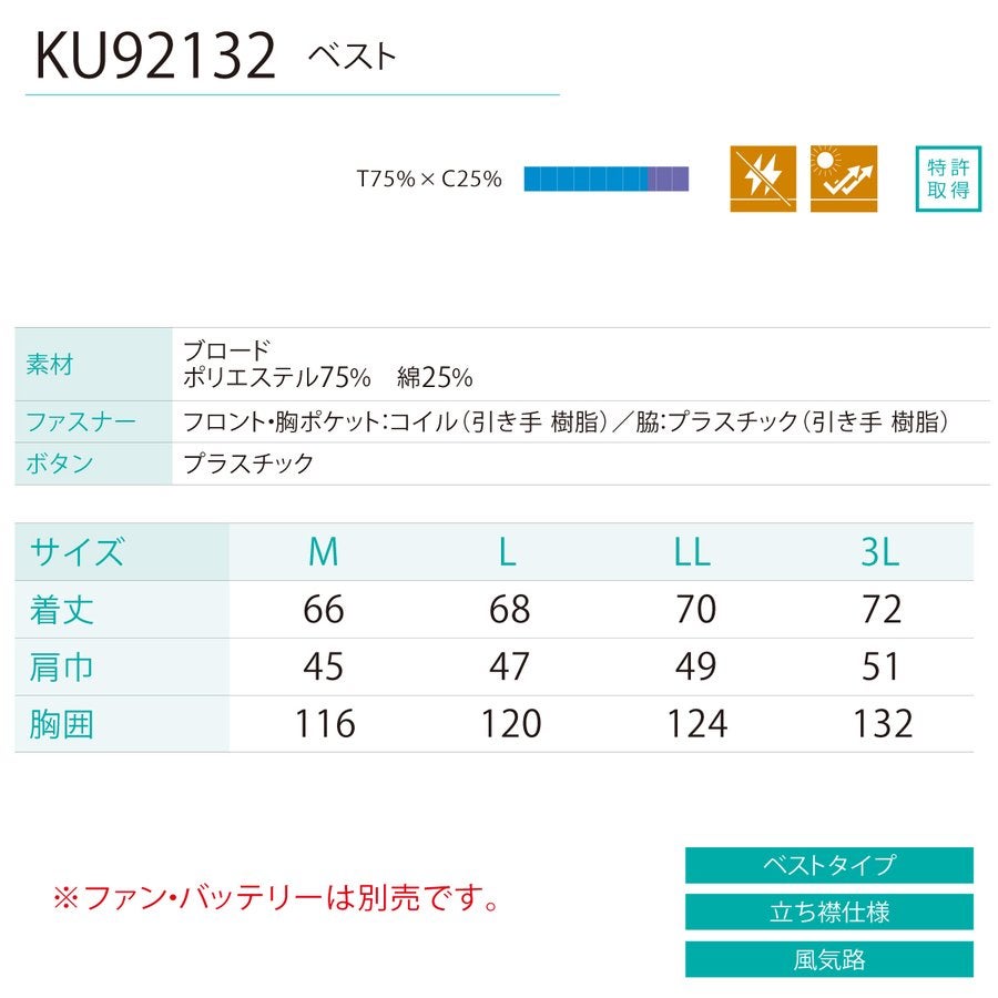 空調風神服電動ファン付ウェア服のみ新作ベスト熱中症カジュアルサンエスKU92132