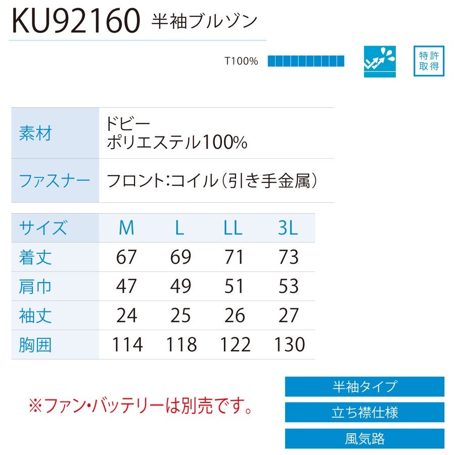 空調風神服電動ファン付ウェア服のみ新作半袖ブルゾン熱中症ポリ100％サンエスKU92160