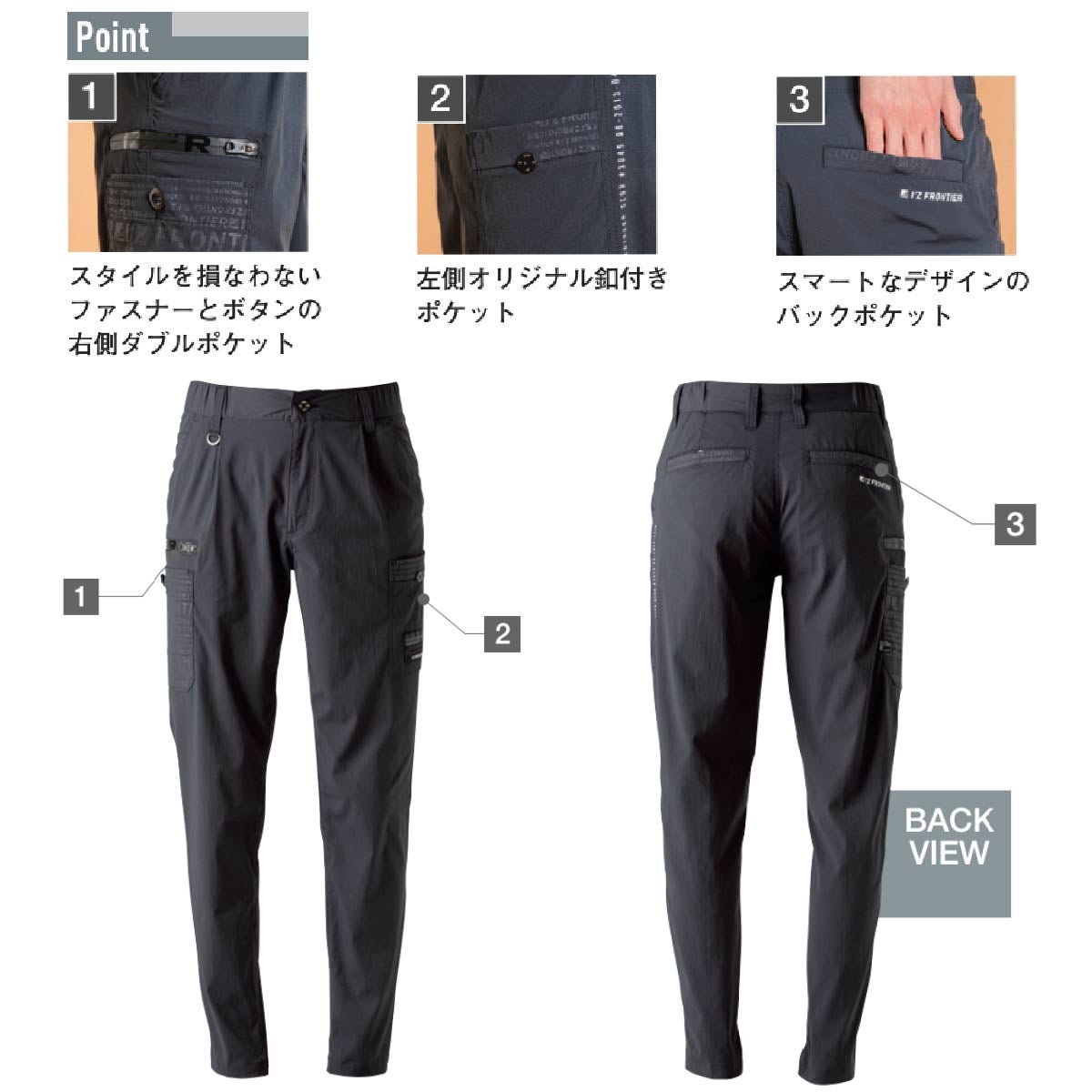 作業着ワンタックパンツストレッチ3D細身接触冷感アイズフロンティア3049