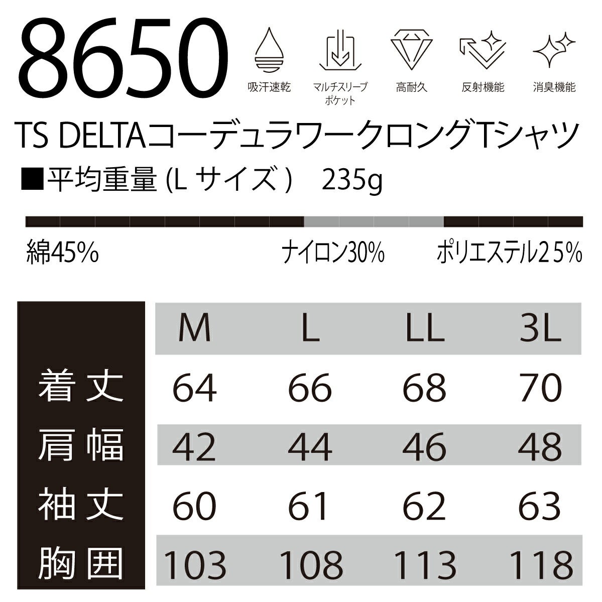 TSDELTAコーデュラワークロングTシャツ吸汗速乾高耐久反射消臭8650