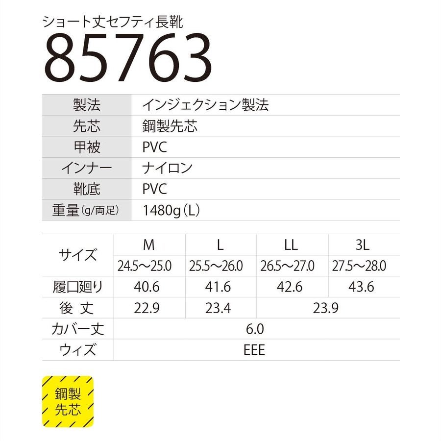 長靴安全靴ショート丈安全長靴セーフティ先芯PVC水仕事ジーベック85763