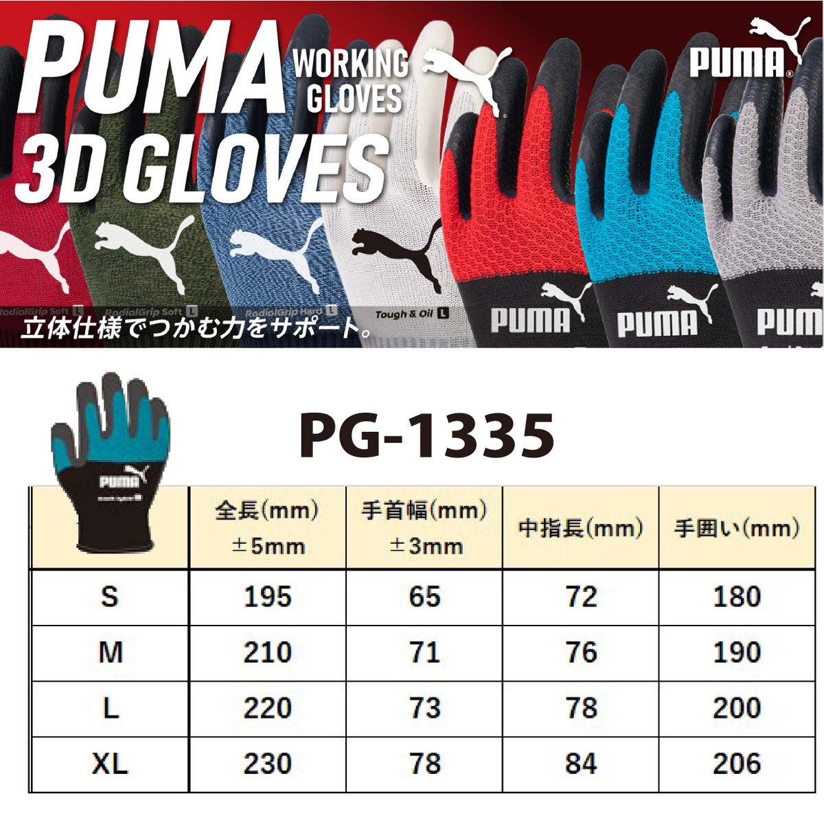 背抜き手袋PUMA天然ゴムラジアルブレスショート通気性3DブルーS/M/L/LLPG-1335