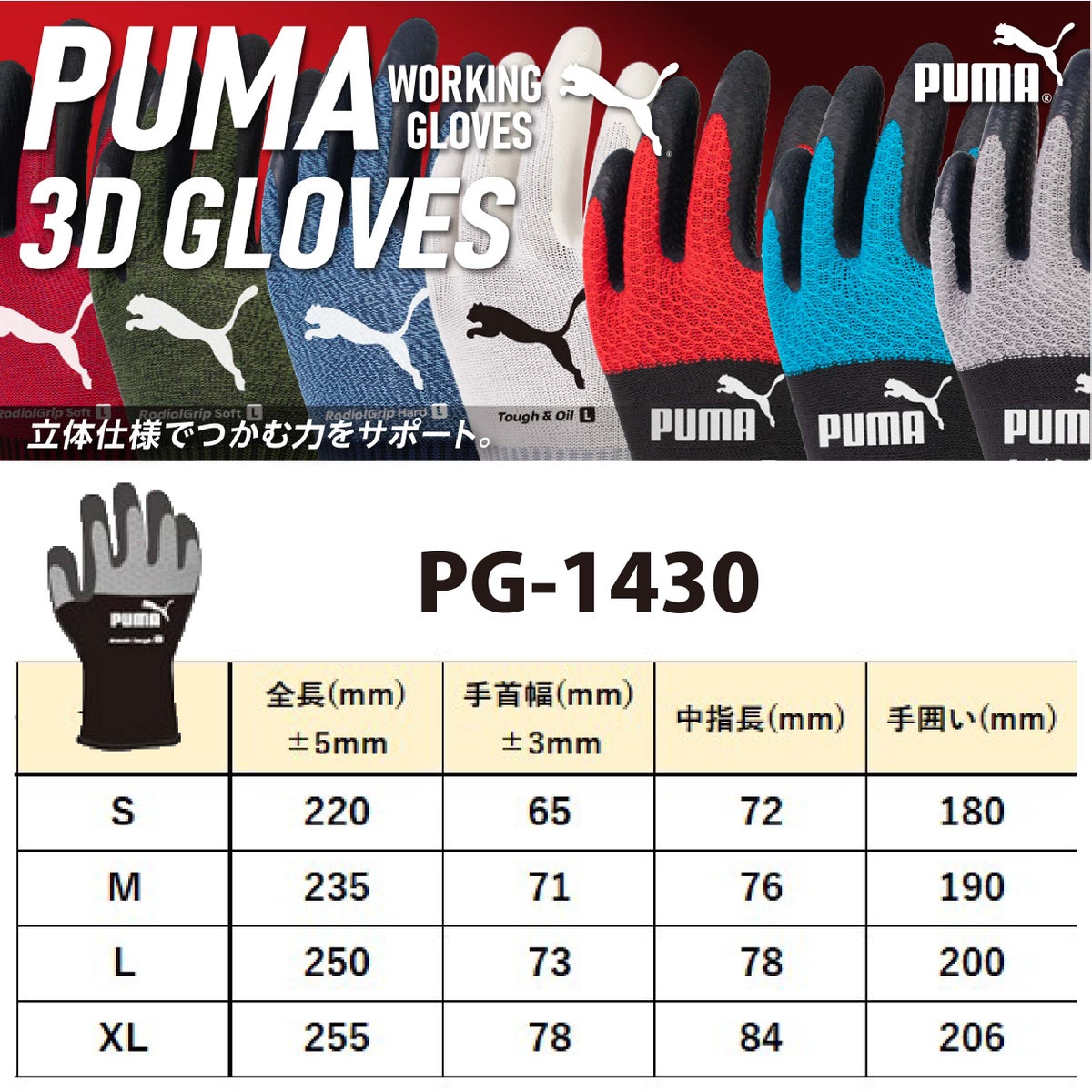 背抜き手袋PUMA天然ゴムタフブレス耐久性通気性3DグレーS/M/L/LLPG-1430