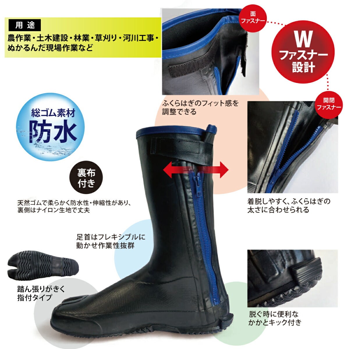 長靴足袋快足ゴムタビW防水裏布ファスナー農作業田んぼ土木河川工事現場泥アトム472