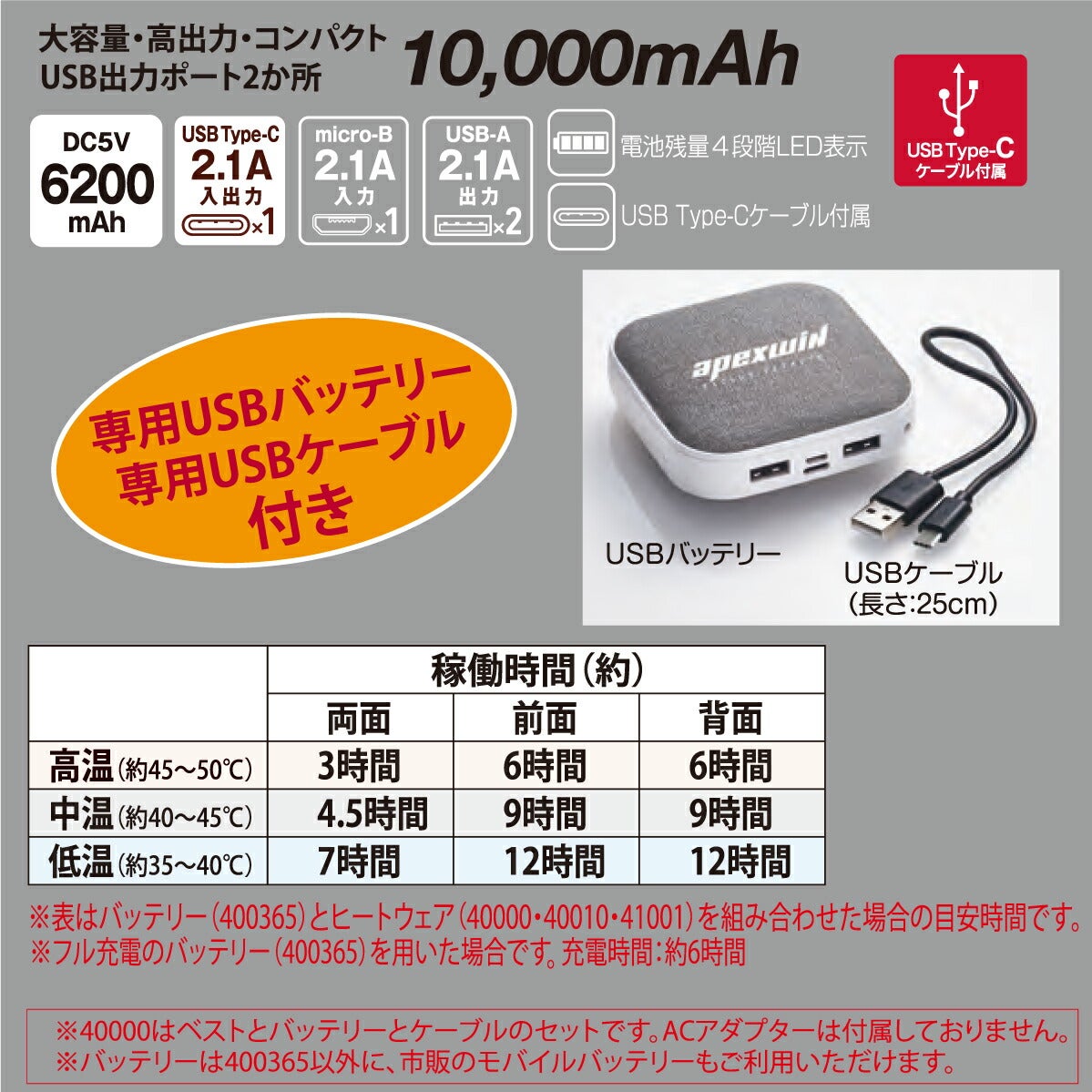 電熱ベストバッテリーセットヒート電熱即暖作業服防寒アタックベース40000